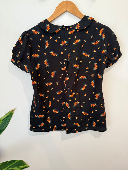 Glassons Black Floral Peter Pan Collar Top - Size 8