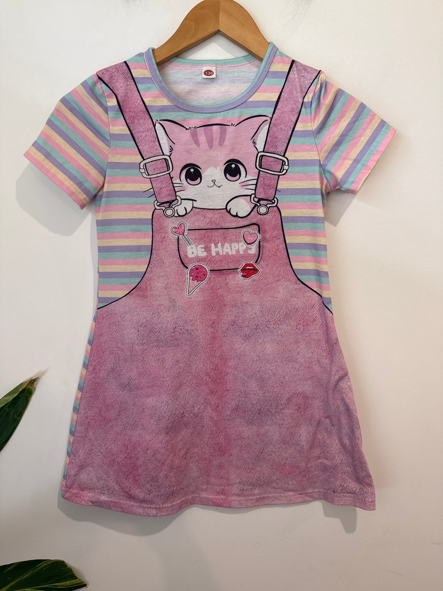 Kids Be Happy Cat Print Striped Dress - Size 130