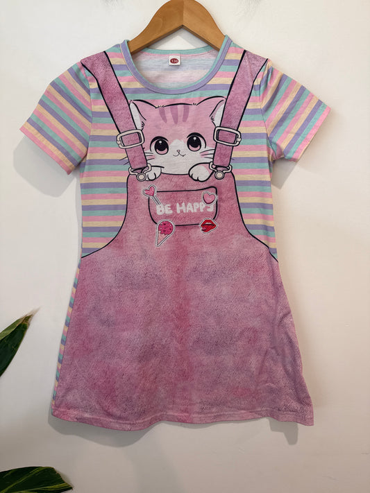 Kids Be Happy Cat Print Striped Dress - Size 130