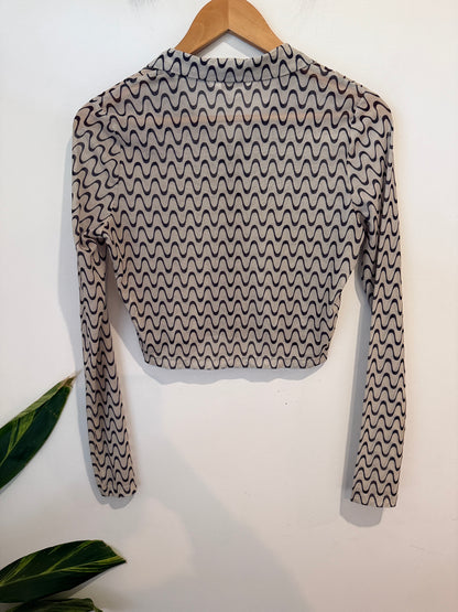 Glassons Wavy Print Sheer Mesh Crop Shirt Size S
