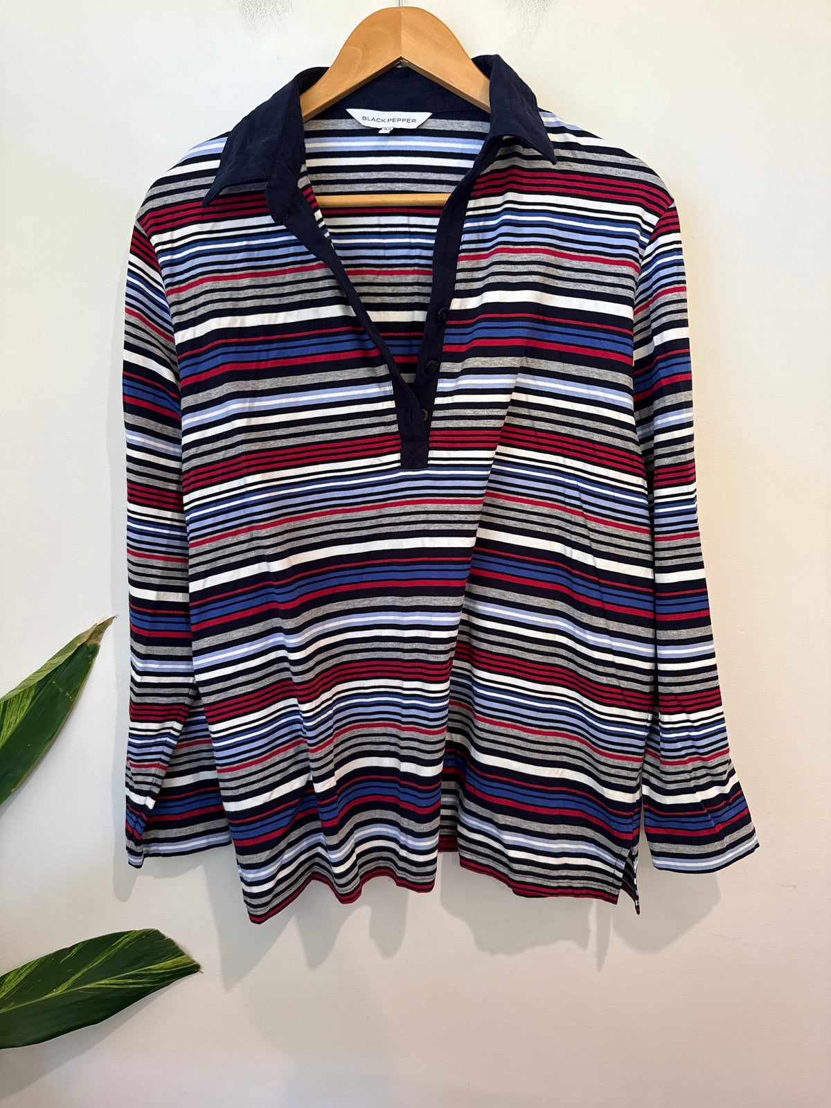 Black Pepper Striped Long-sleeve Polo Shirt Size 22 | U/Arm to U/Arm 62cm