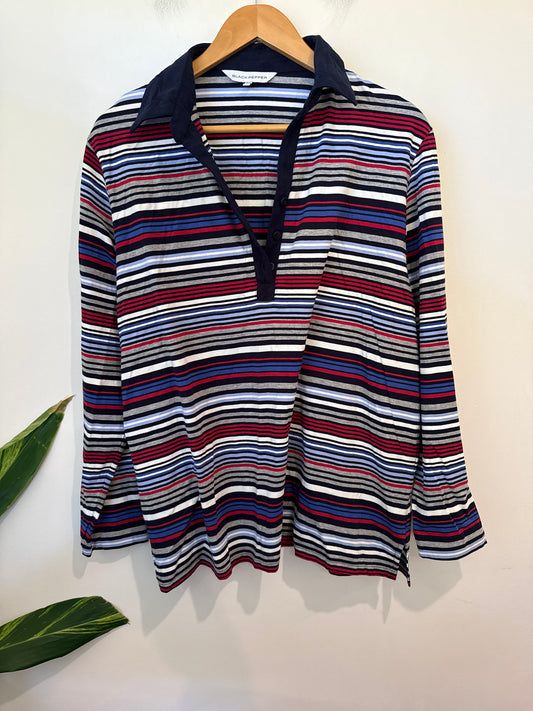 Black Pepper Striped Long-sleeve Polo Shirt Size 22 | U/Arm to U/Arm 62cm
