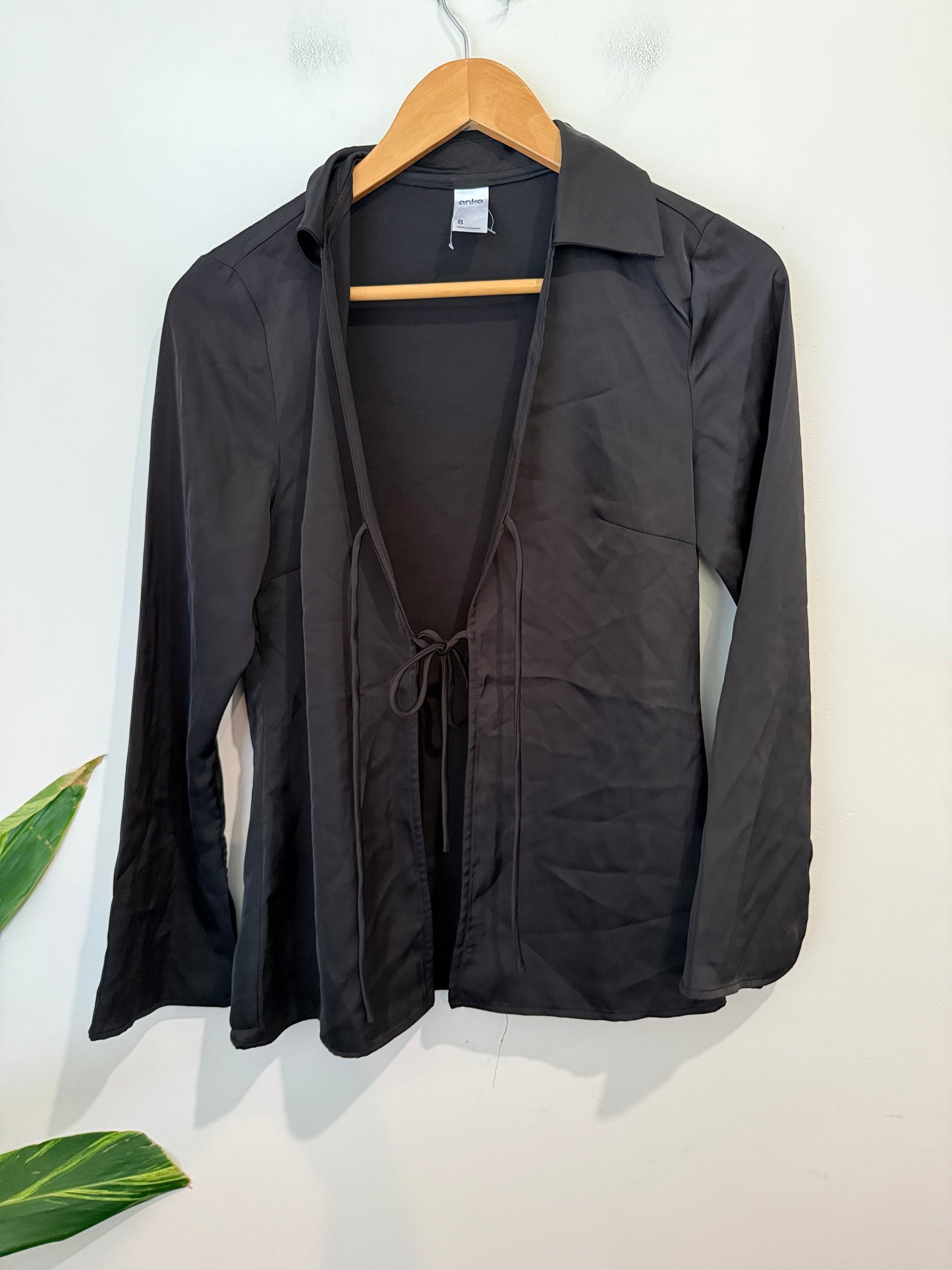 Anko Size 8 Black Satin Tie Front Blouse