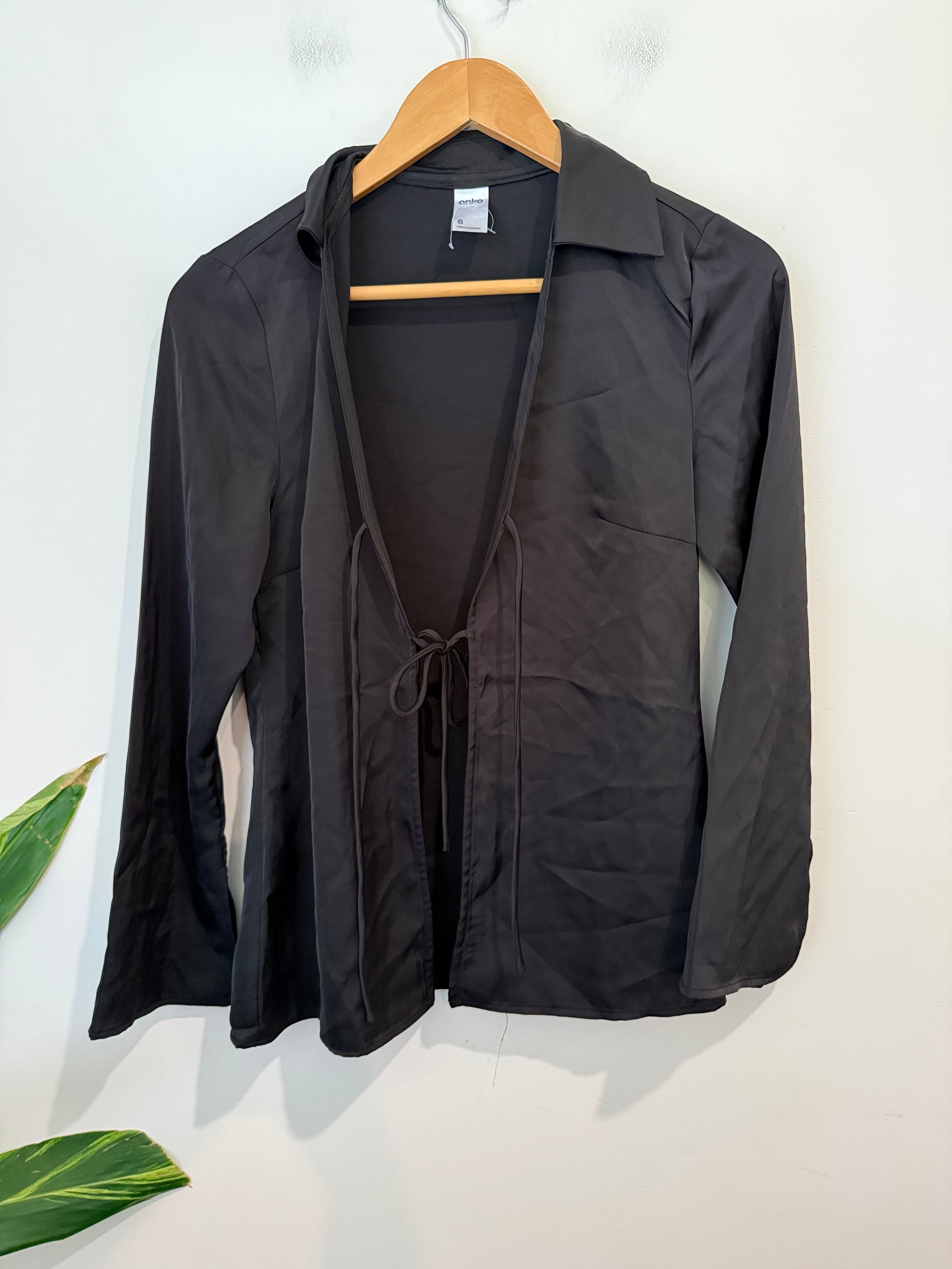 Anko Size 8 Black Satin Tie Front Blouse