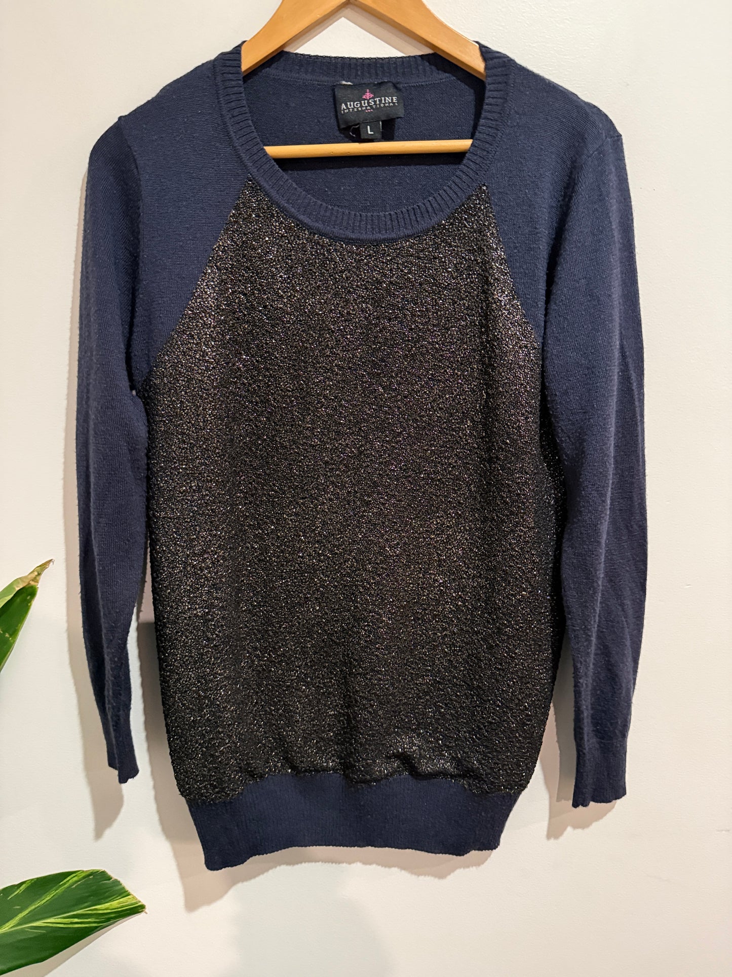 Augustine International Size L Navy Glitter Panel Wool/Orlon Jumper