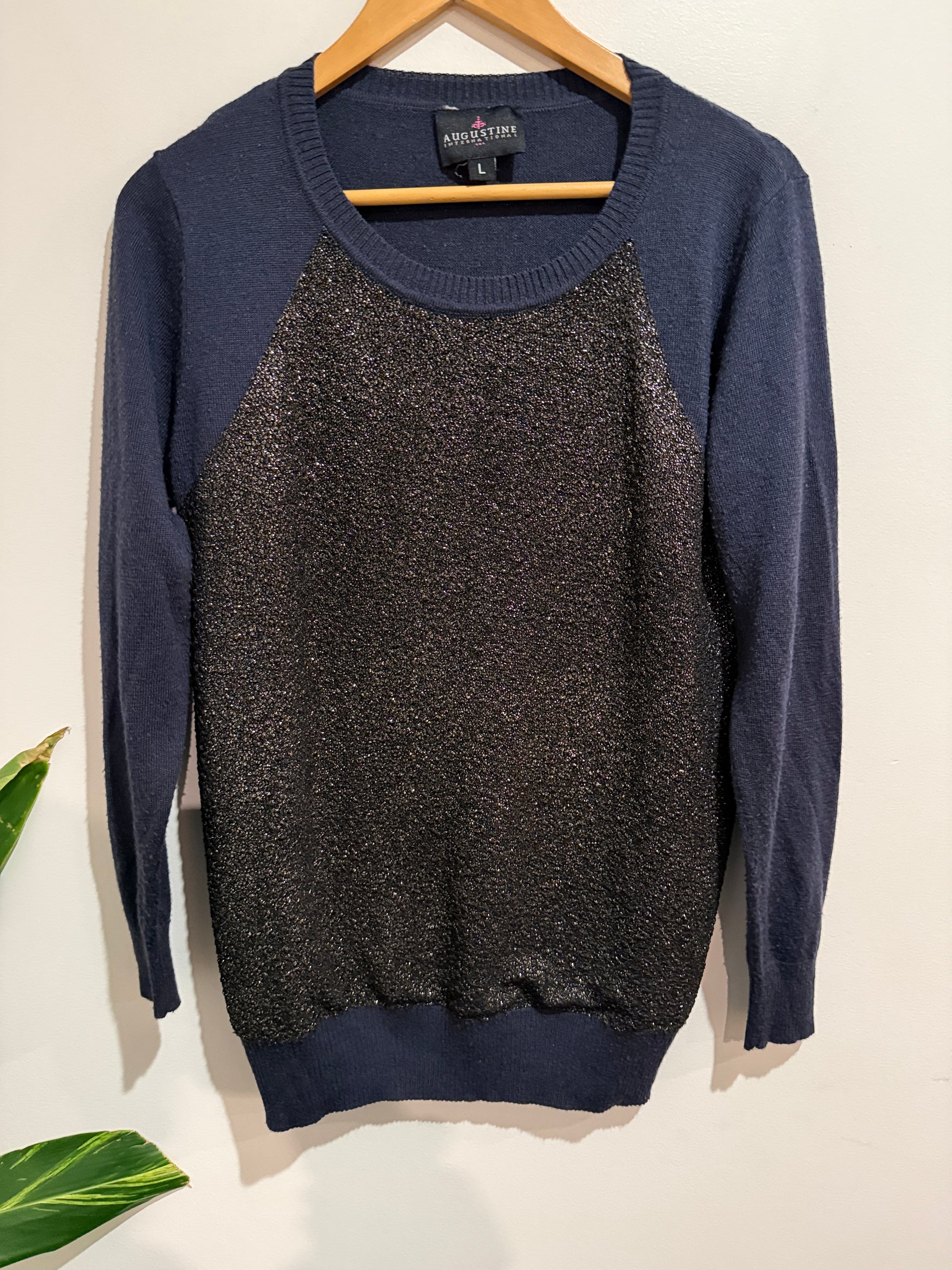 Augustine International Size L Navy Glitter Panel Wool/Orlon Jumper