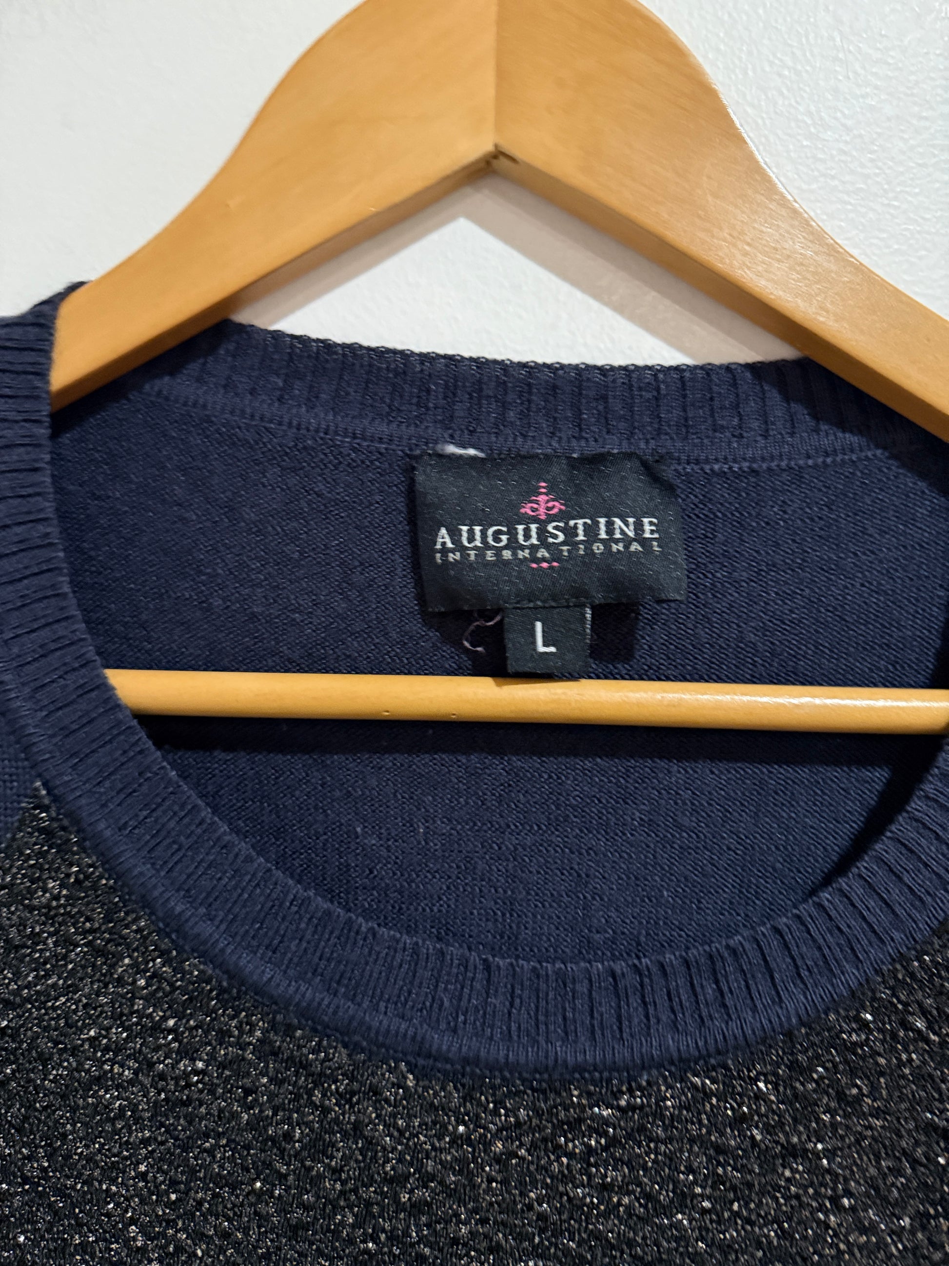 Augustine International Size L Navy Glitter Panel Wool/Orlon Jumper