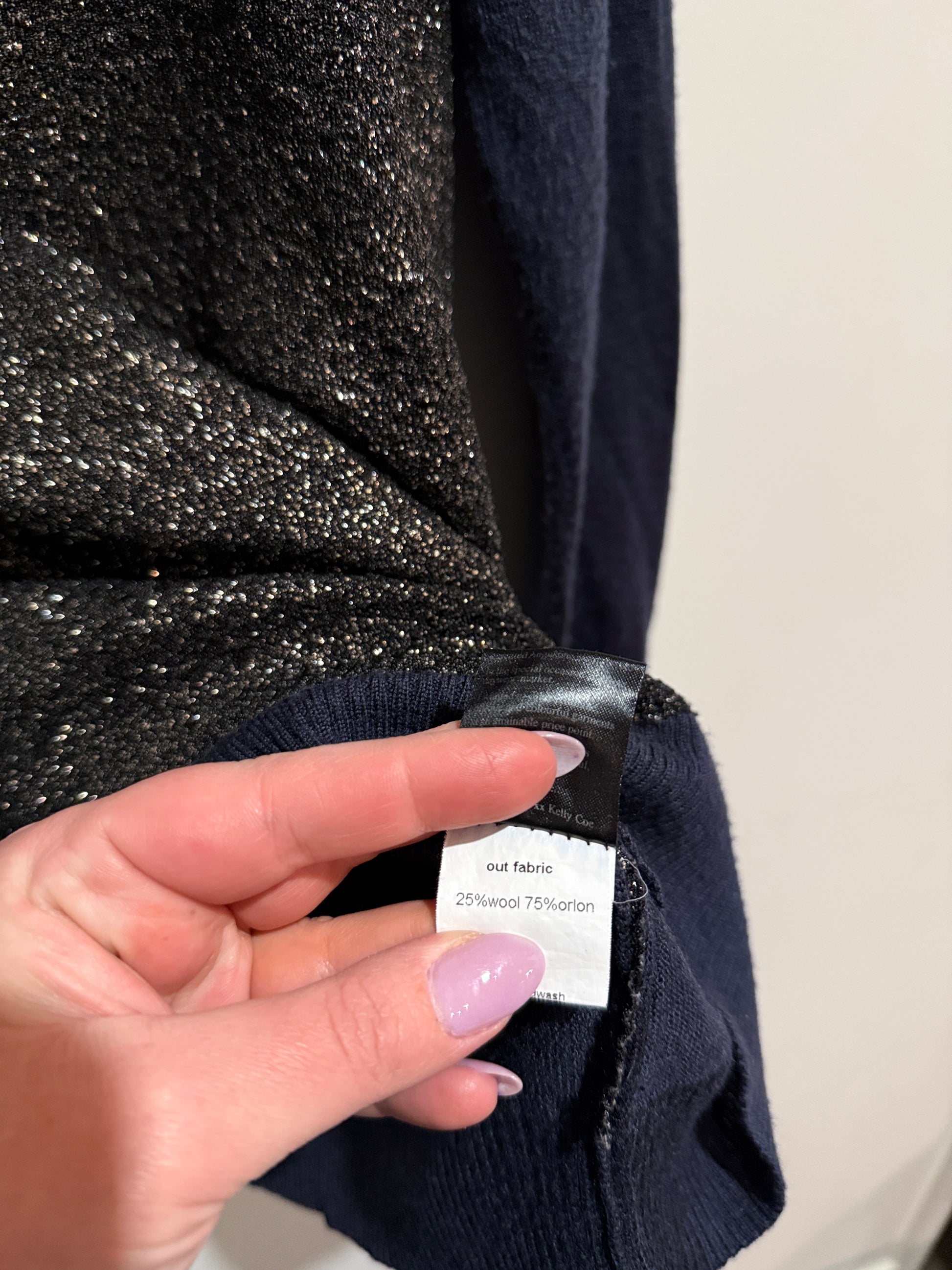 Augustine International Size L Navy Glitter Panel Wool/Orlon Jumper