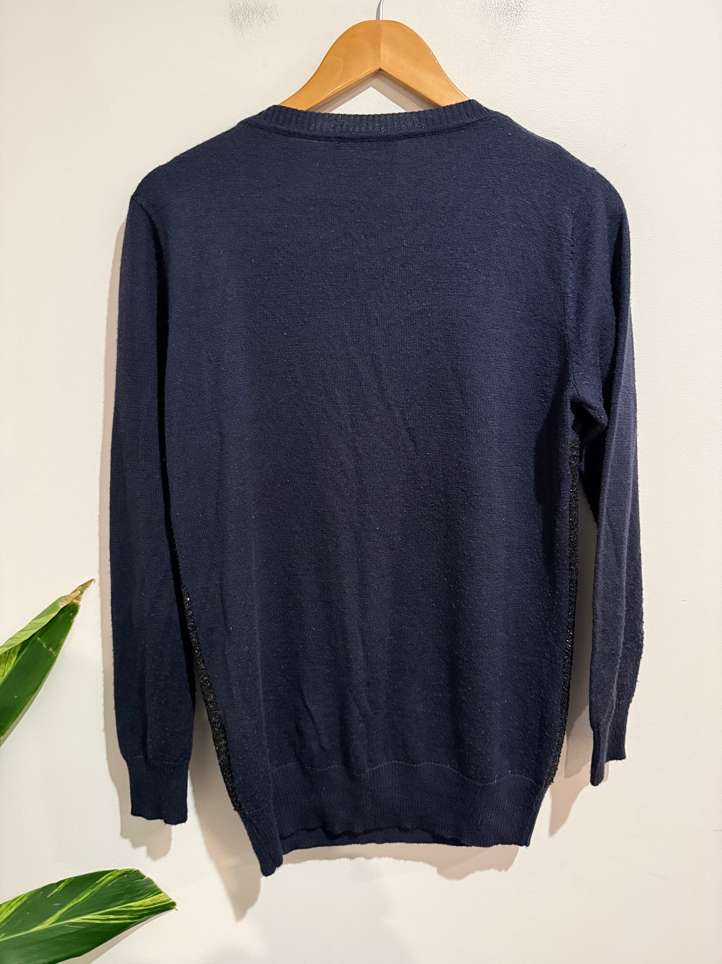 Augustine International Size L Navy Glitter Panel Wool/Orlon Jumper