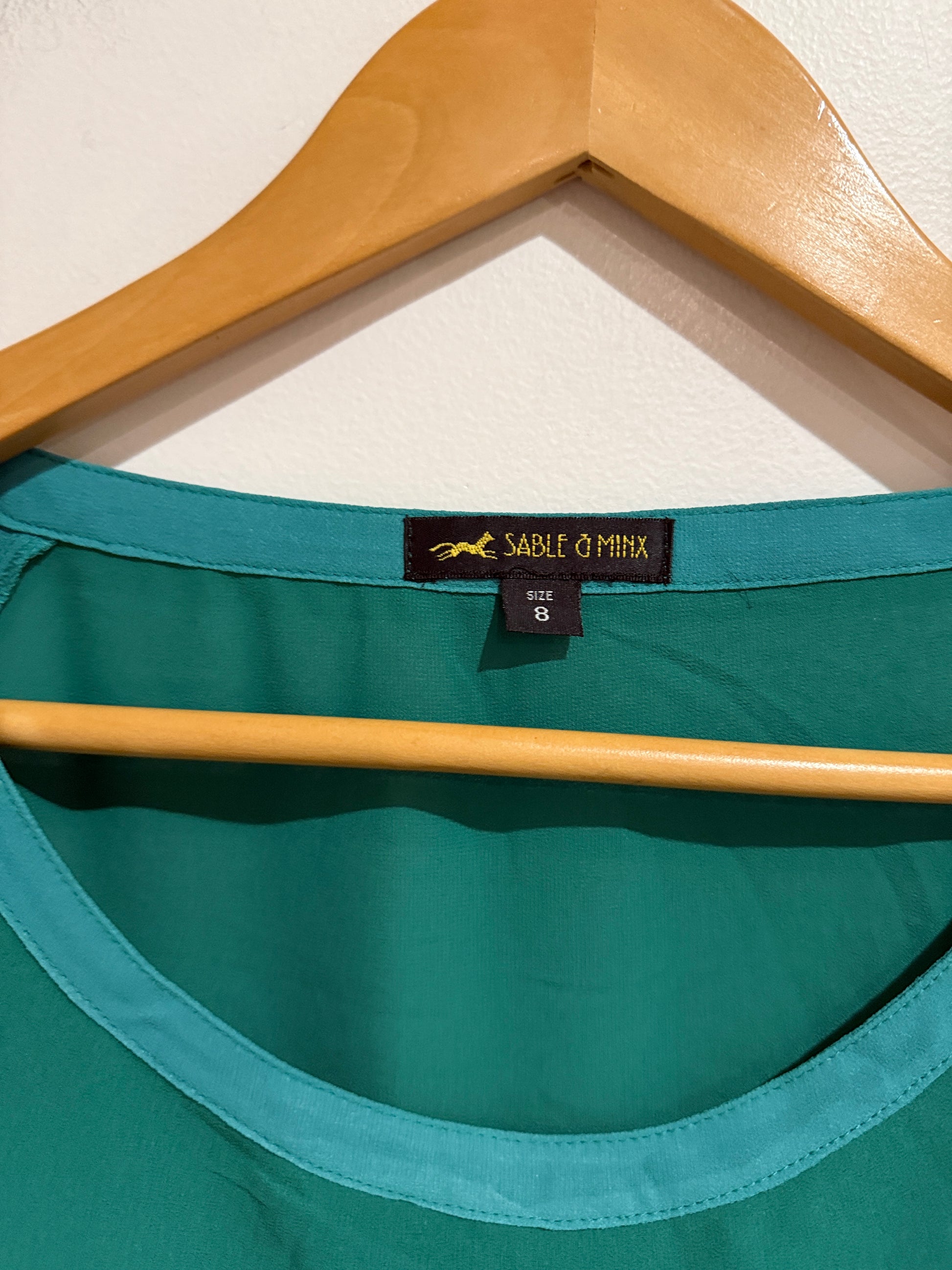Sable & Minx Size 8 Teal Sheer Contrast Panel Top