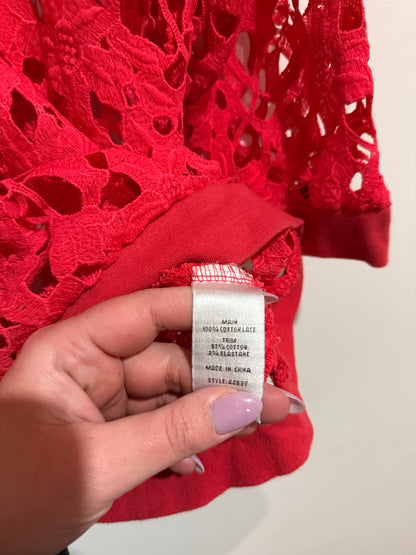 City Collection Size S Red Floral Crochet Lace Top