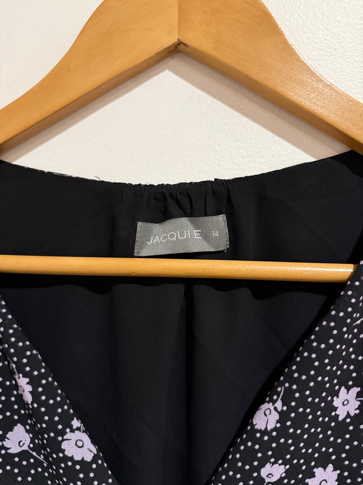 Jacqui E Size 14 Black Floral Polka Dot Top
