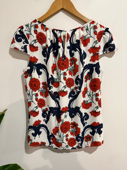 Jacqui E Size 10 Navy Red Floral Print Top