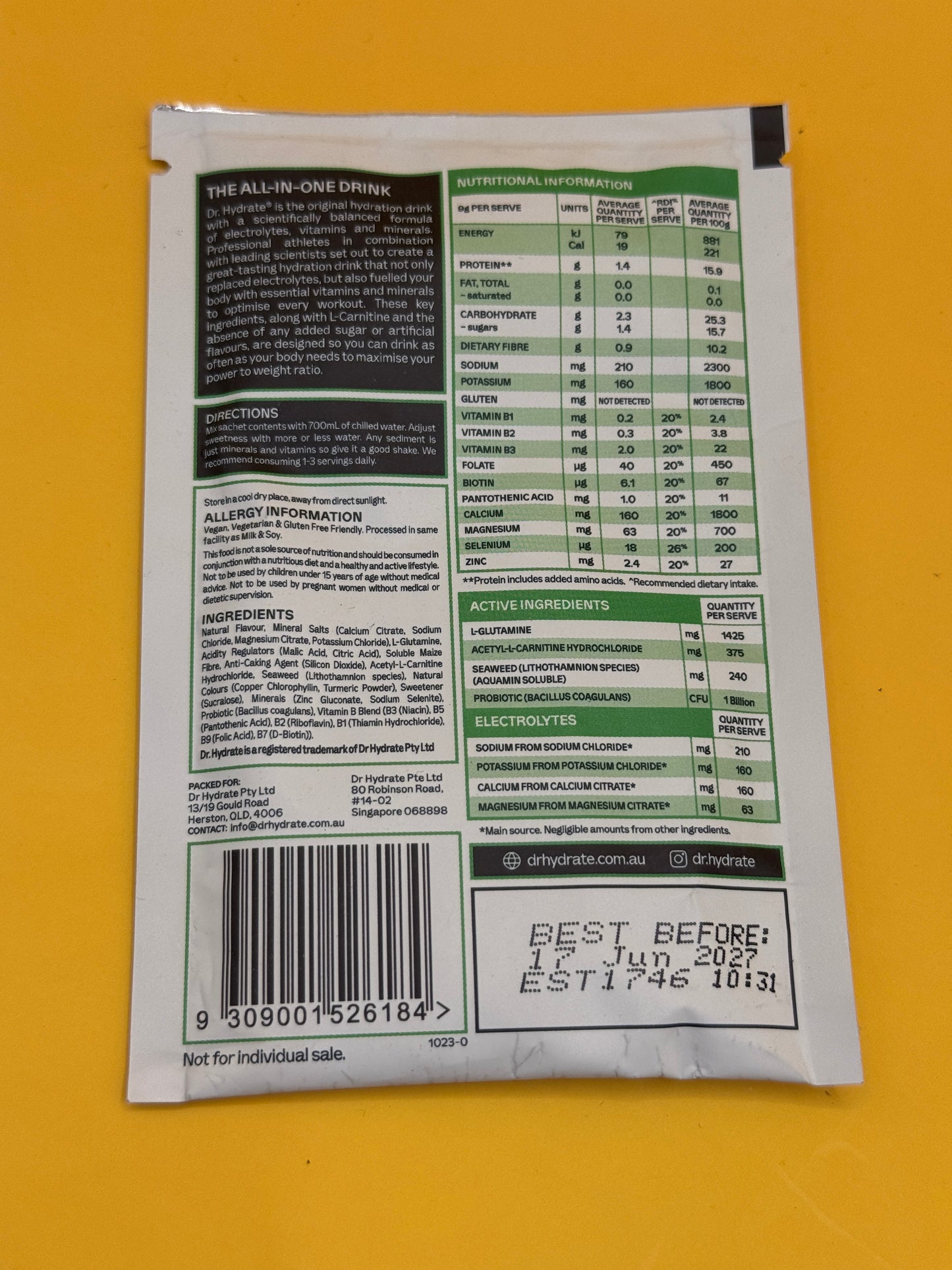 Dr. Hydrate Green Apple Hydration Sachet – 9g Single Serve