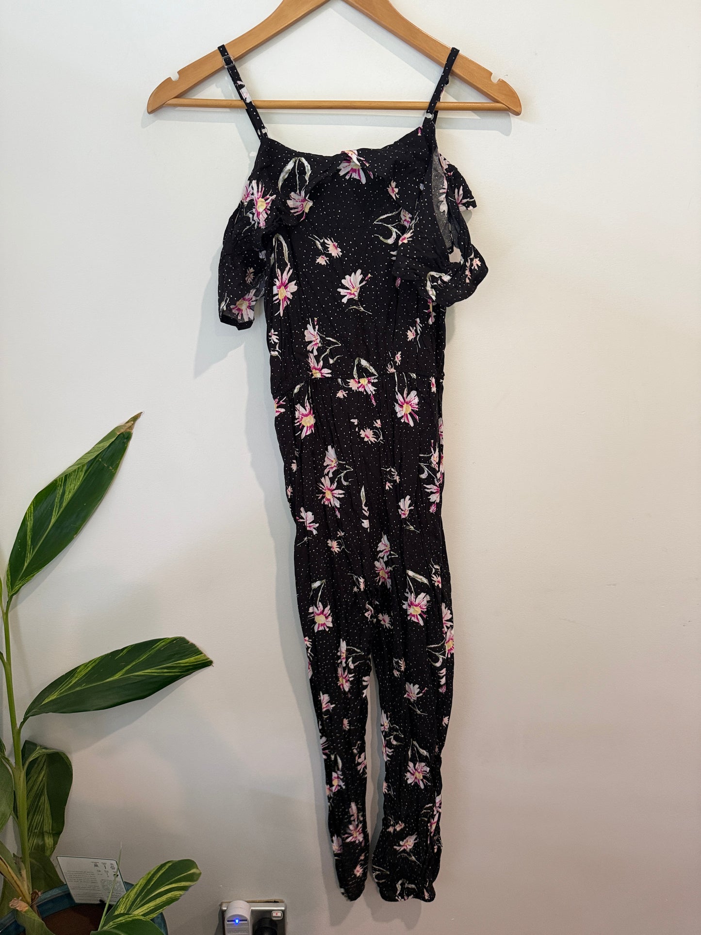 Mango Size 12 Floral Print Cold Shoulder Jumpsuit