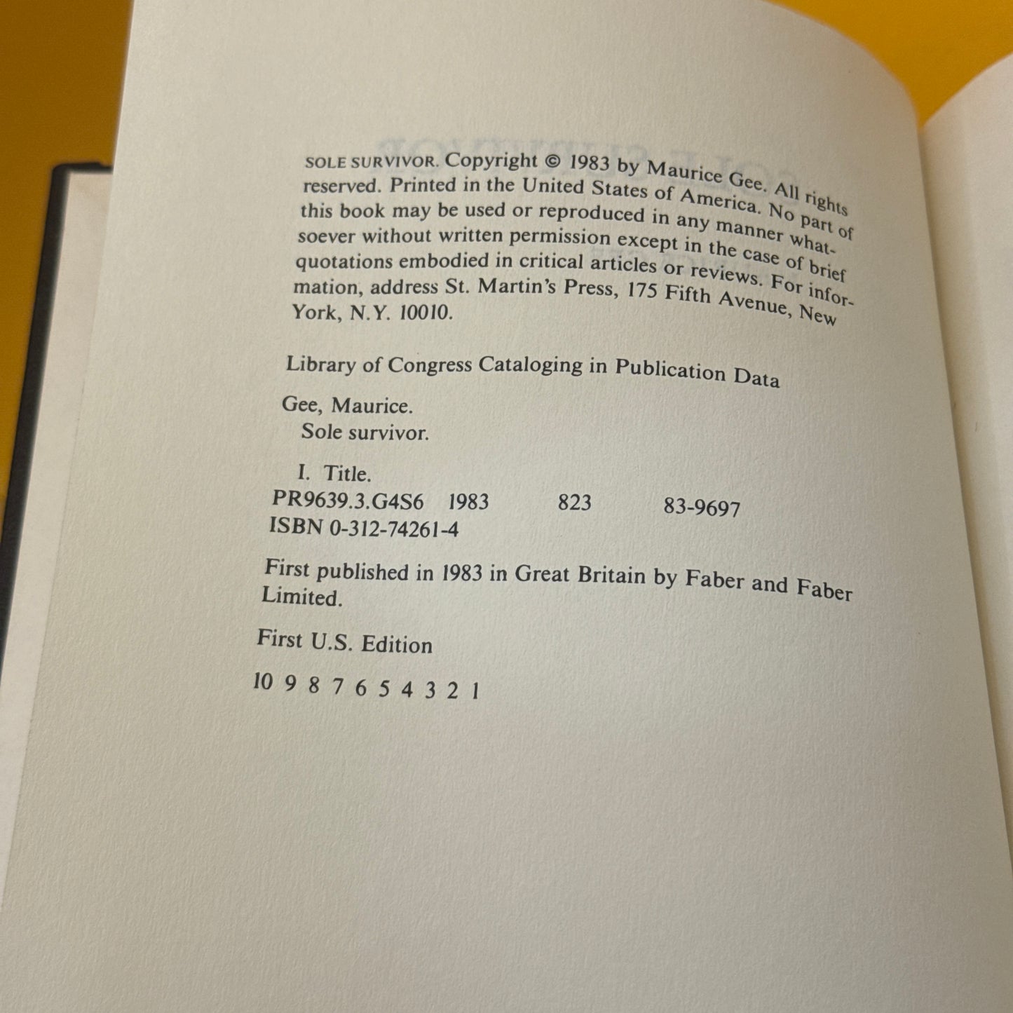 Sole Survivor by Maurice Gee (First US Edition)