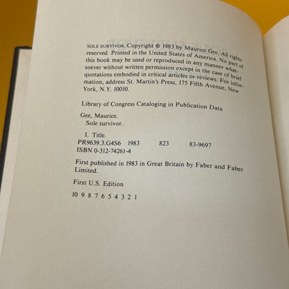 Sole Survivor by Maurice Gee (First US Edition)