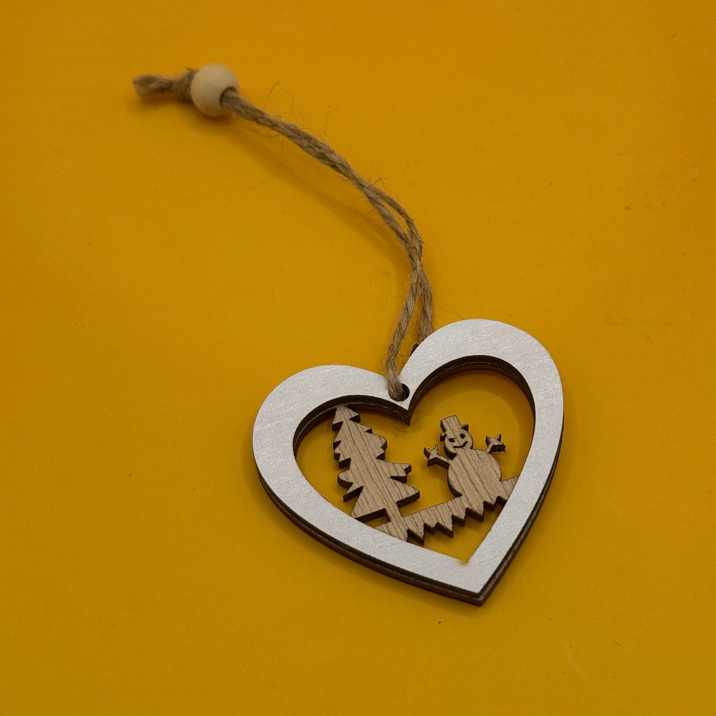 Wooden Heart Christmas Ornament with Snowman