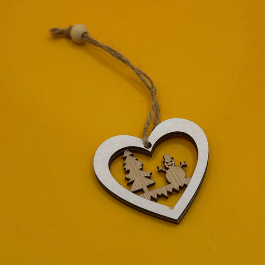 Wooden Heart Christmas Ornament with Snowman