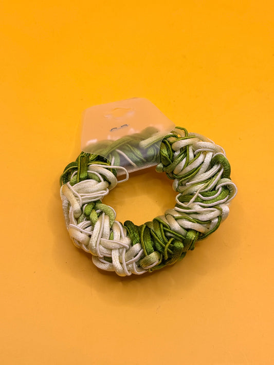 Beaded Hair Scrunchie - Green, Cream & White