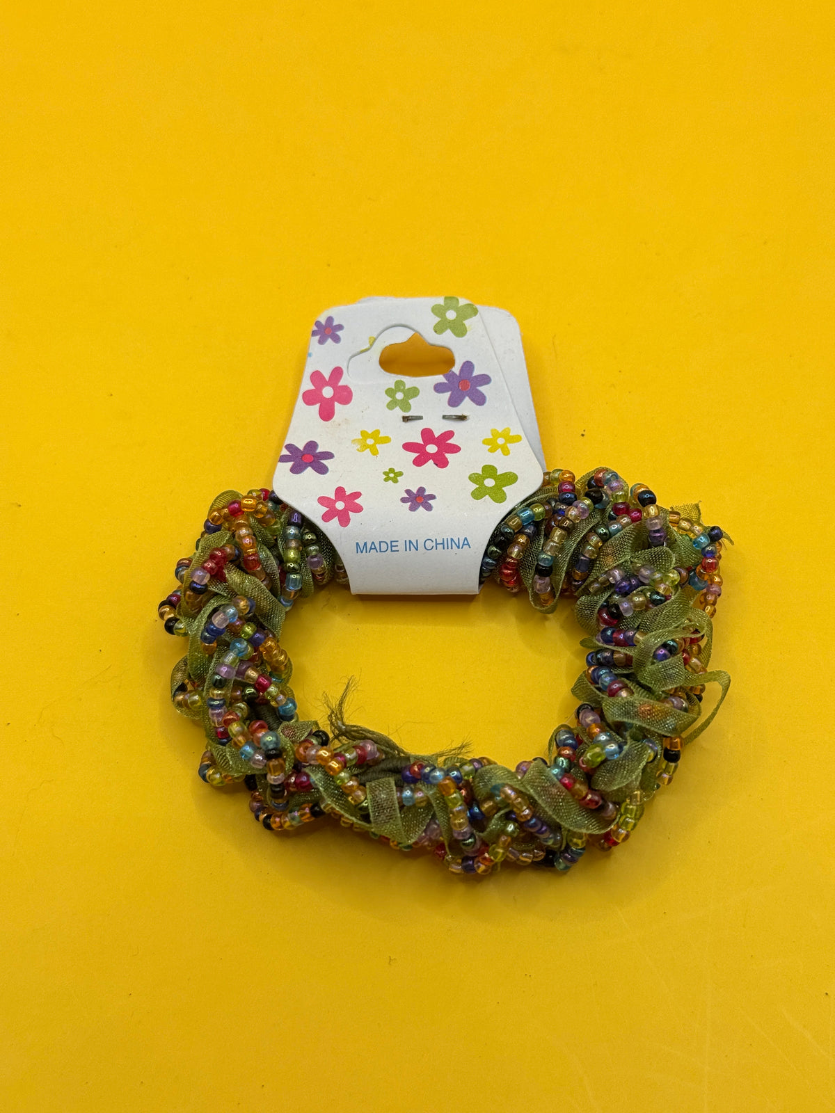 Wide Beaded Hair Scrunchie - Green Multicolour