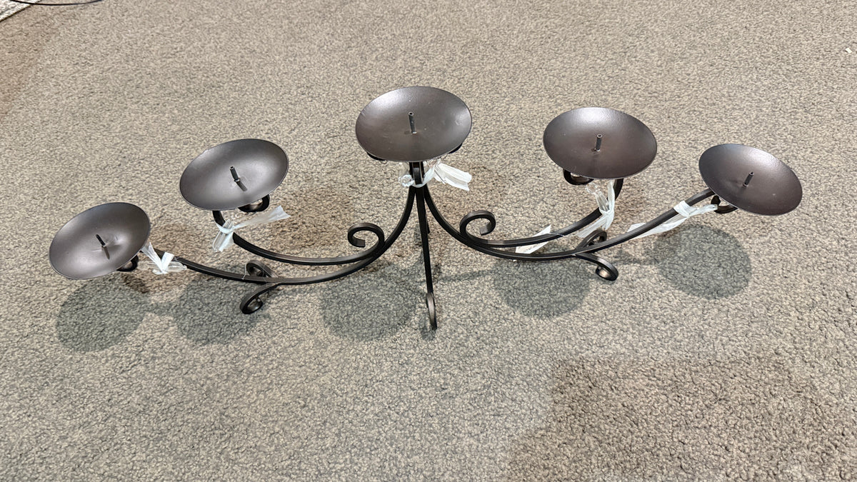 Five-Arm Black Metal Scroll Candelabra with Clear Bead Accents