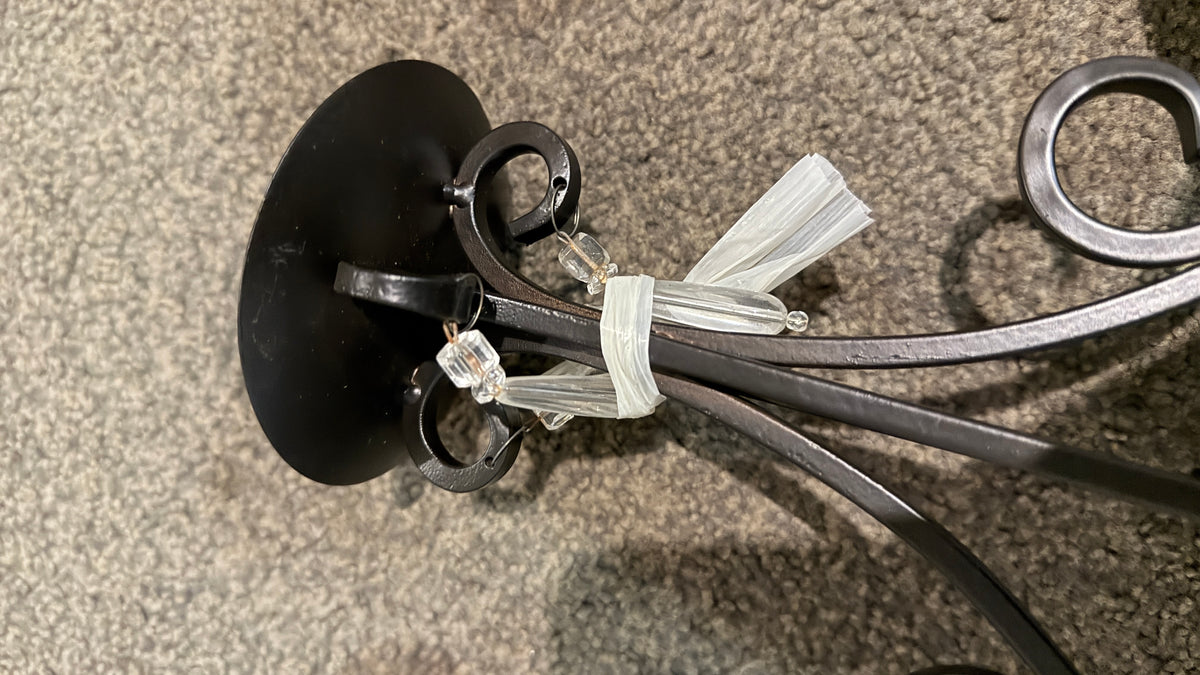 Five-Arm Black Metal Scroll Candelabra with Clear Bead Accents