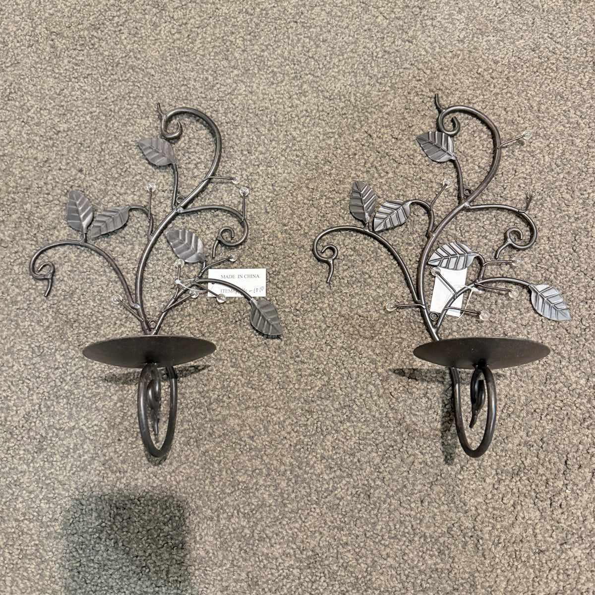 Pair of Black Metal Vine Wall Candle Sconces with Bead Accents