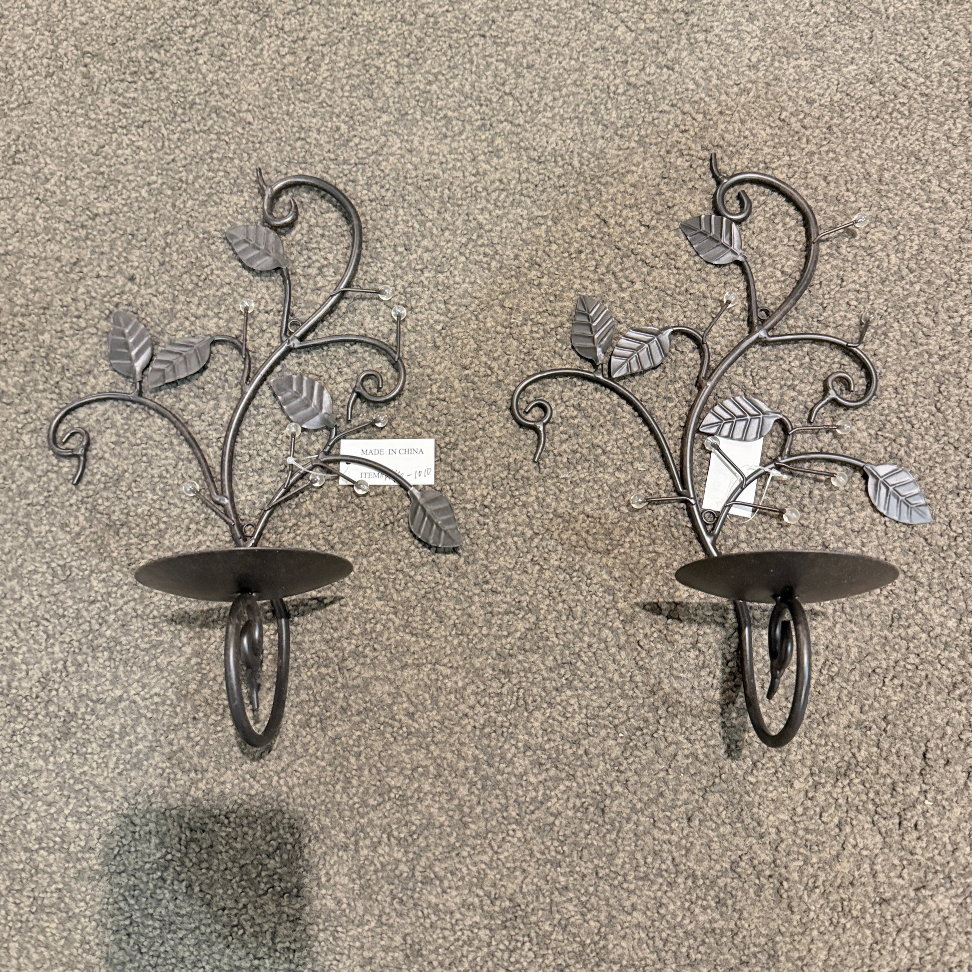 Pair of Black Metal Vine Wall Candle Sconces with Bead Accents