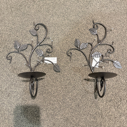 Pair of Black Metal Vine Wall Candle Sconces with Bead Accents