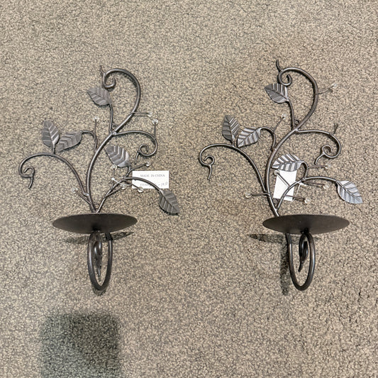 Pair of Black Metal Vine Wall Candle Sconces with Bead Accents