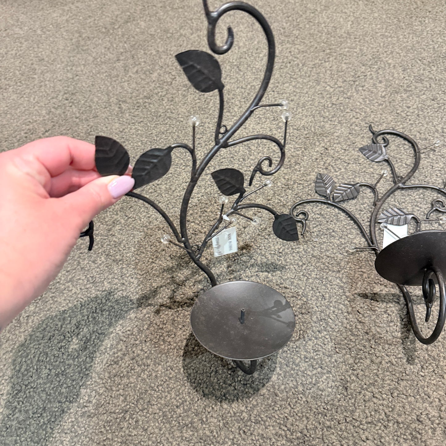 Pair of Black Metal Vine Wall Candle Sconces with Bead Accents