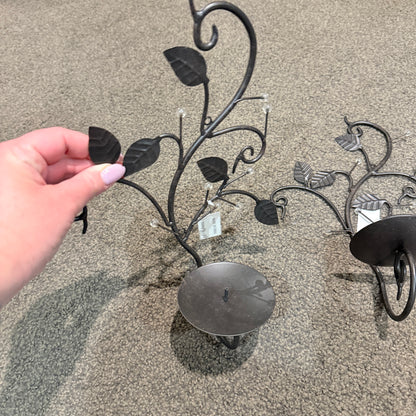 Pair of Black Metal Vine Wall Candle Sconces with Bead Accents