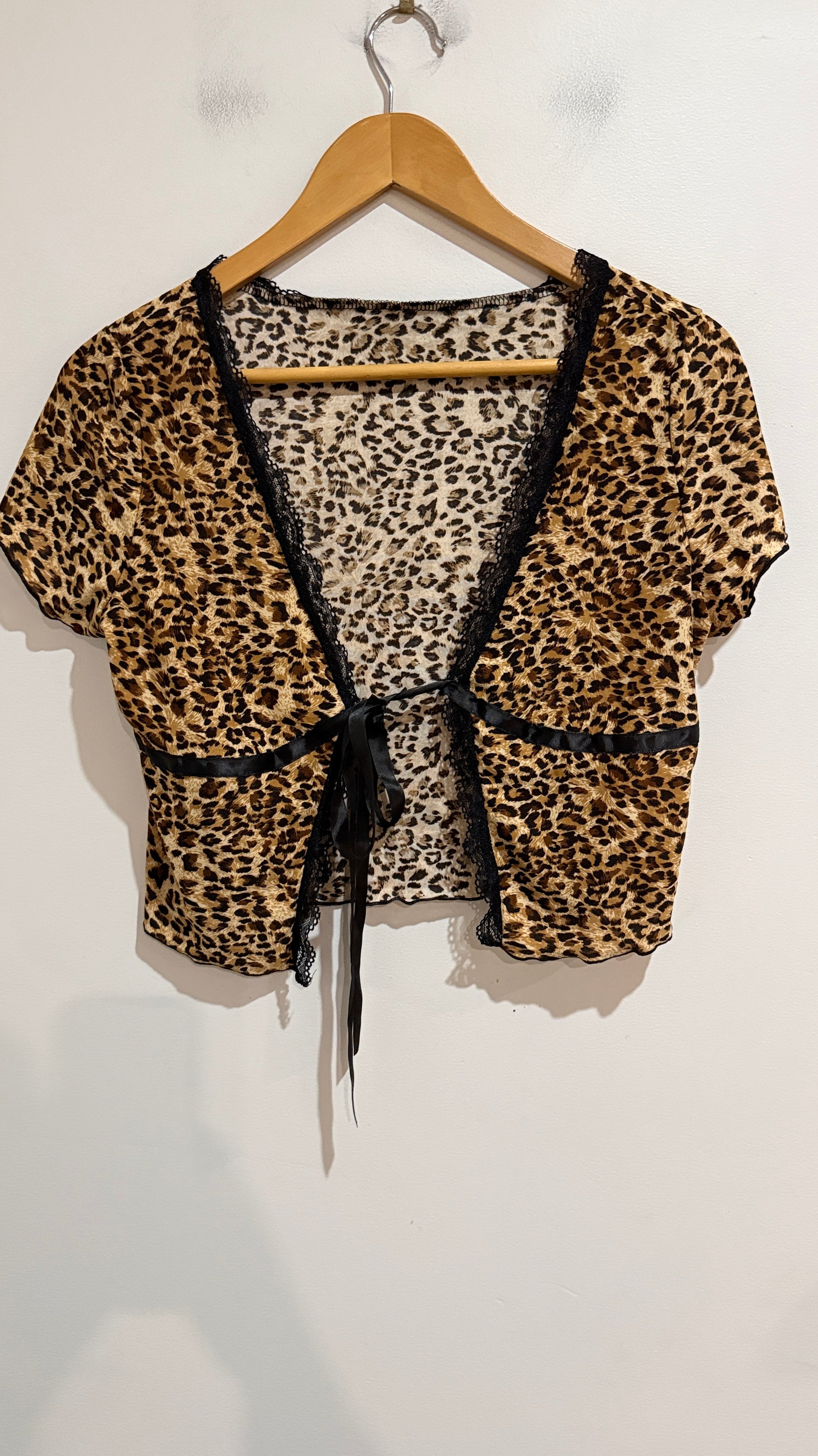 SHEIN Leopard Print Lace Trim Tie Front Crop Top Size L