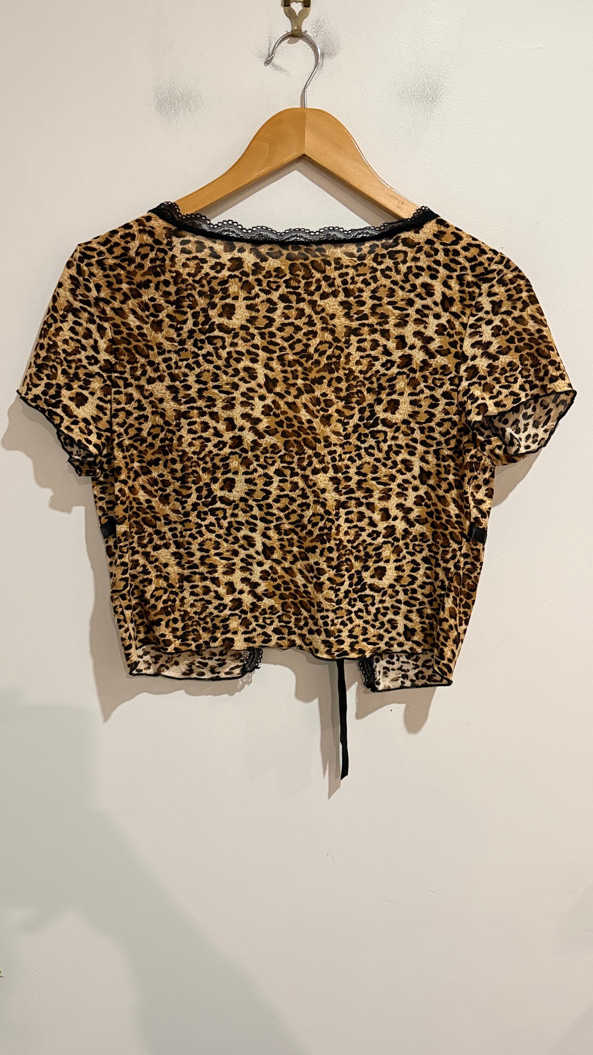 SHEIN Leopard Print Lace Trim Tie Front Crop Top Size L