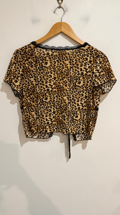 SHEIN Leopard Print Lace Trim Tie Front Crop Top Size L