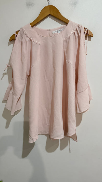 on & on Blush Pink Cold Shoulder Tie Sleeve Blouse Size 1 - 41cm u/arm