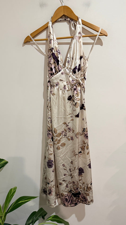 Principals Champagne Floral Satin Halter Wrap Dress Size 12