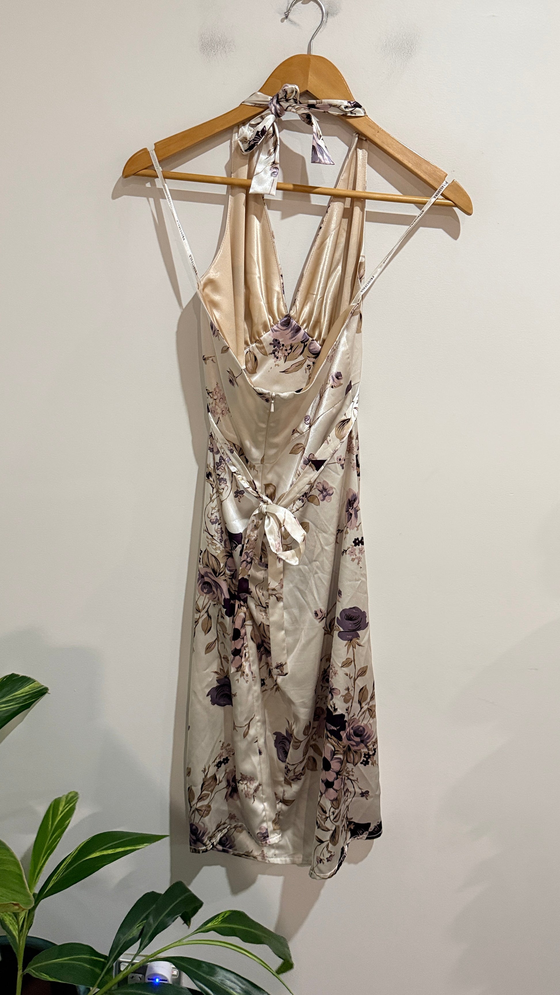 Principals Champagne Floral Satin Halter Wrap Dress Size 12