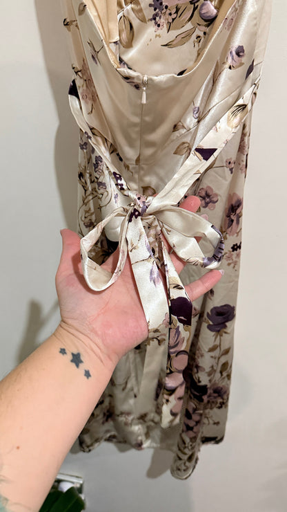 Principals Champagne Floral Satin Halter Wrap Dress Size 12