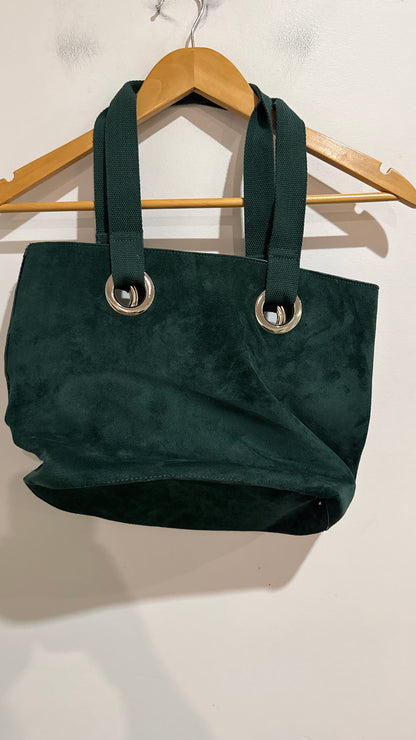 Dark Green Suede Style Eyelet Tote Bag