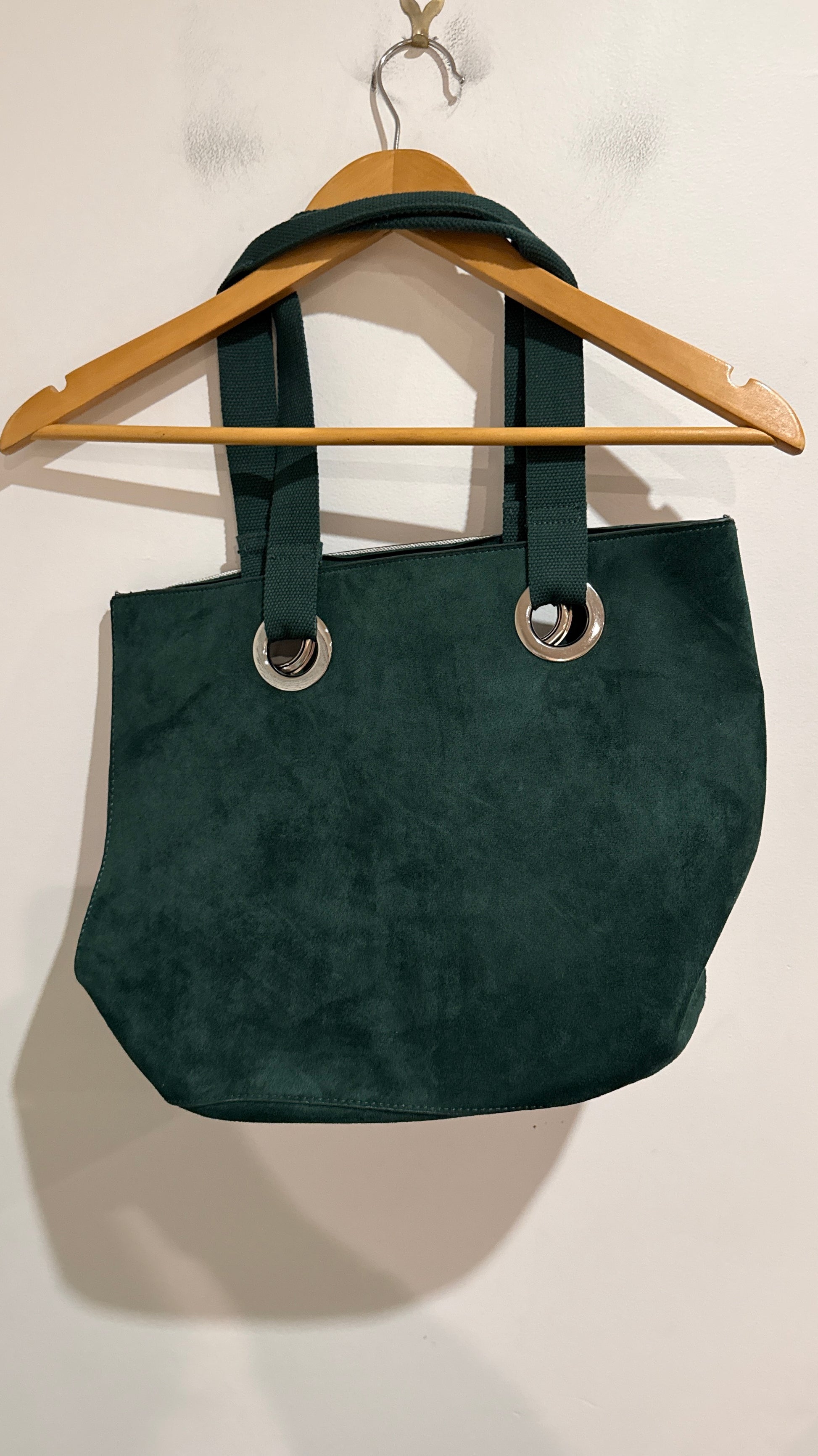 Dark Green Suede Style Eyelet Tote Bag