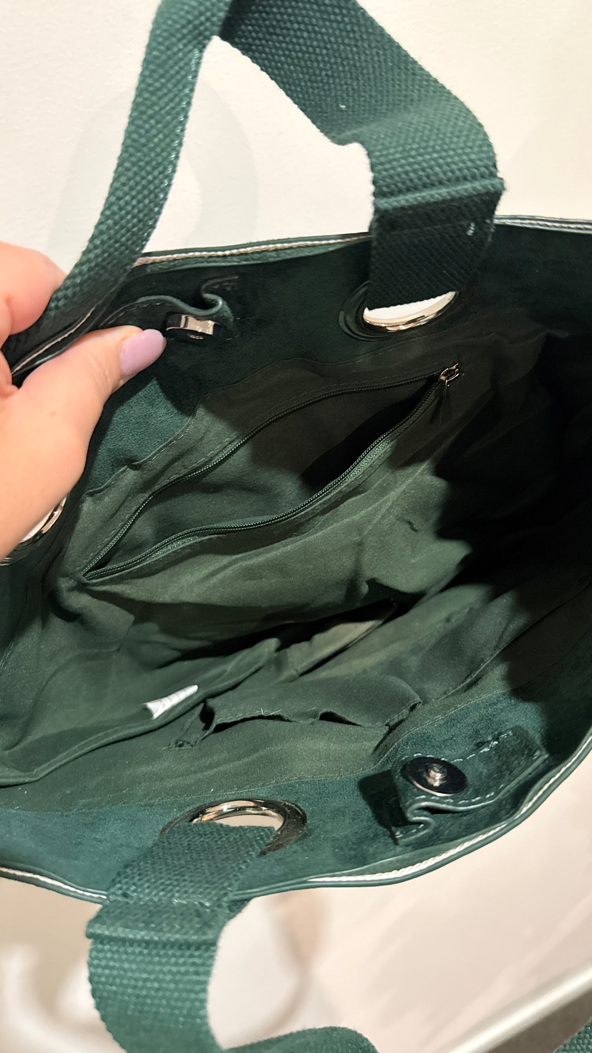 Dark Green Suede Style Eyelet Tote Bag