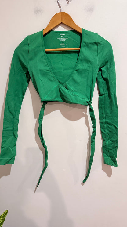 Glassons Green Ribbed Long Sleeve Tie Wrap Crop Top Size XXS