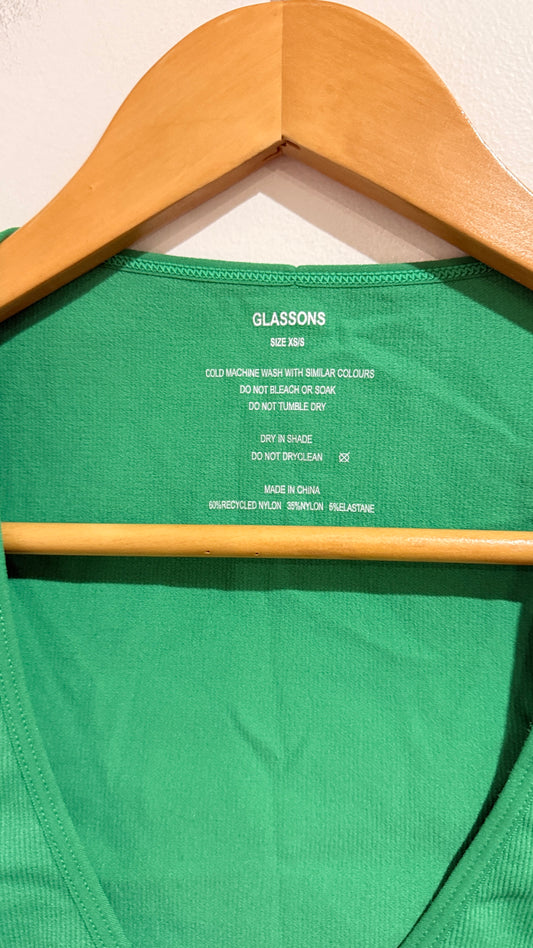 Glassons Green Ribbed Long Sleeve Tie Wrap Crop Top Size XXS