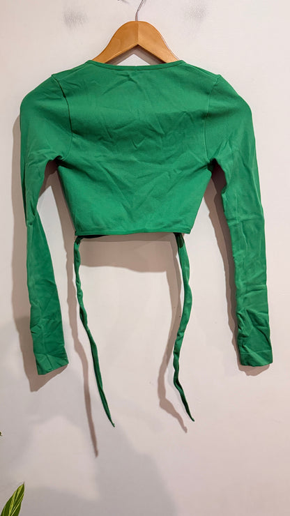 Glassons Green Ribbed Long Sleeve Tie Wrap Crop Top Size XXS