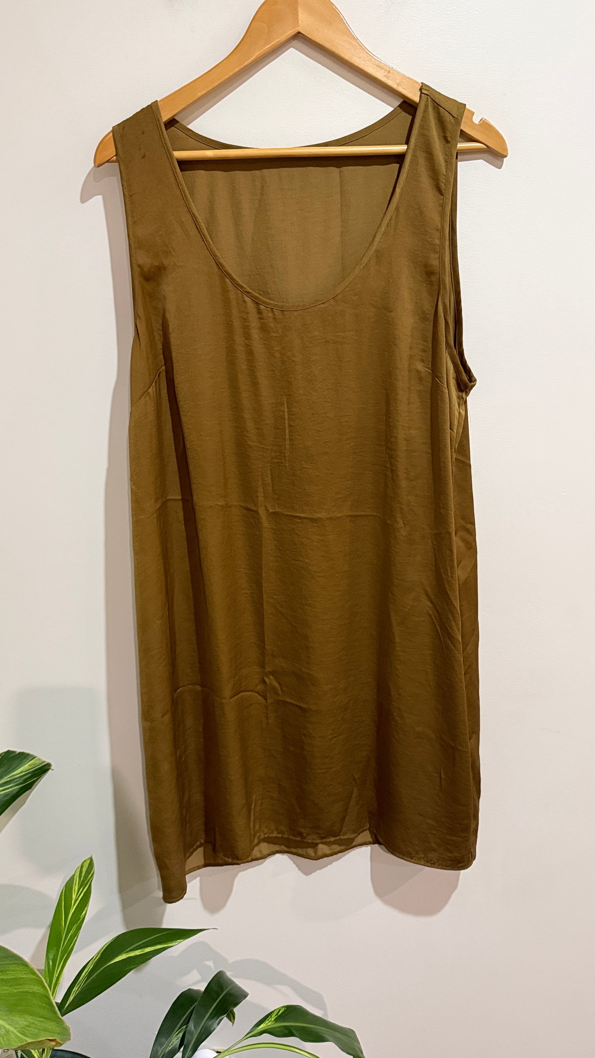 Olive Satin Sleeveless Shell Top - 55cm u/arm
