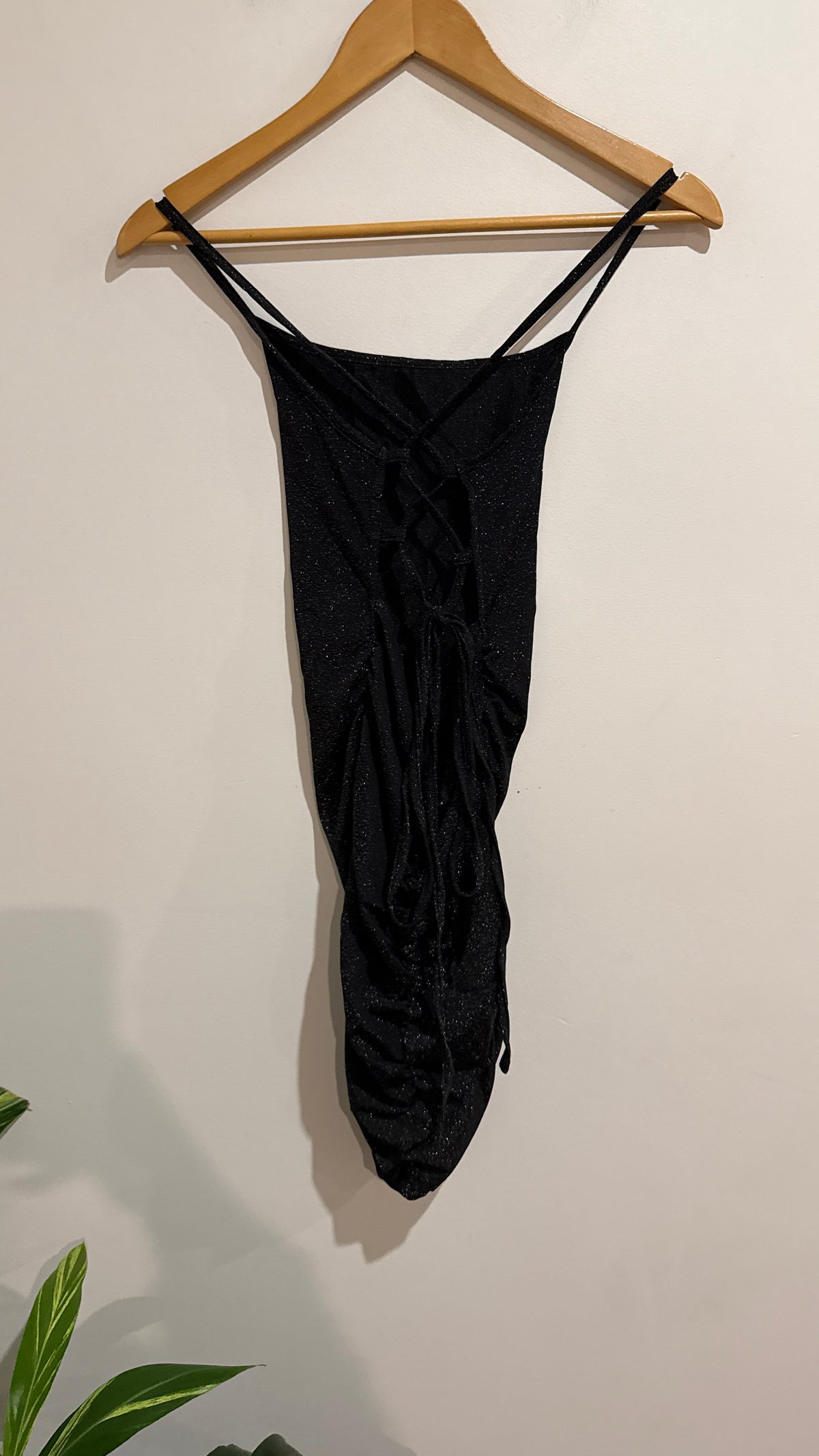 SHEIN Black Glitter Ruched Lace Up Back Mini Dress Size S