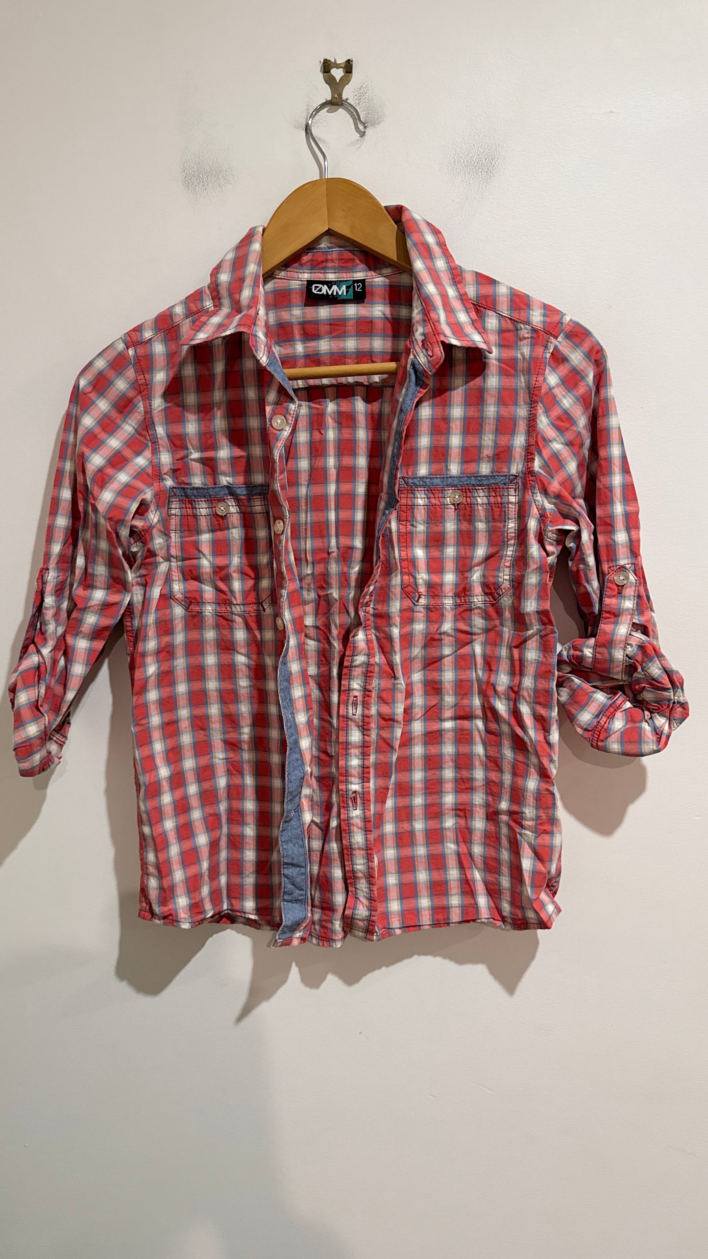 OMM Red Check Button Up Shirt With Denim Trim Size 12