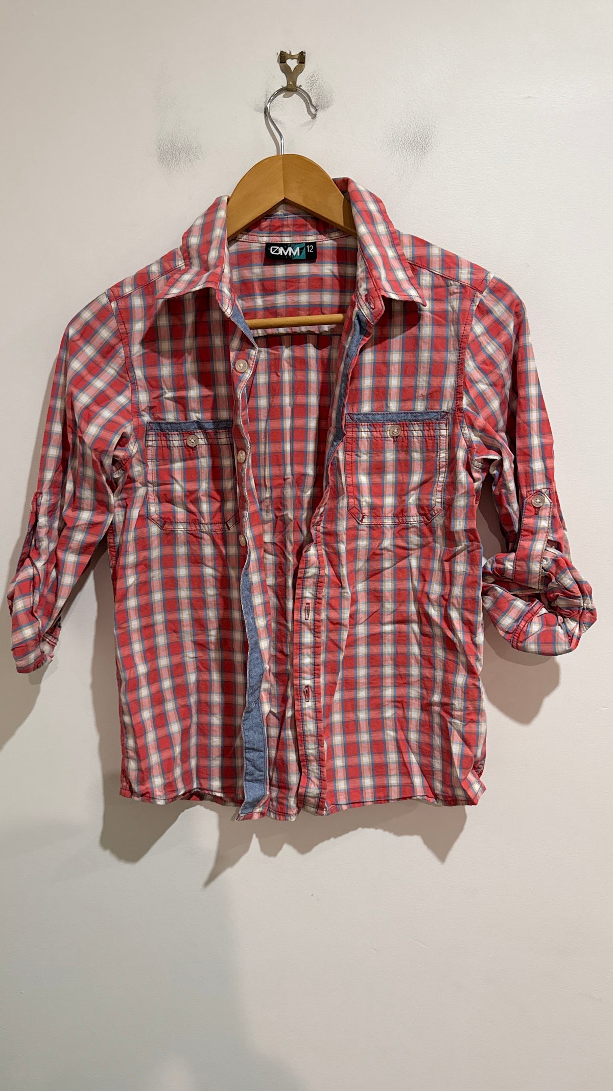 OMM Red Check Button Up Shirt With Denim Trim Size 12